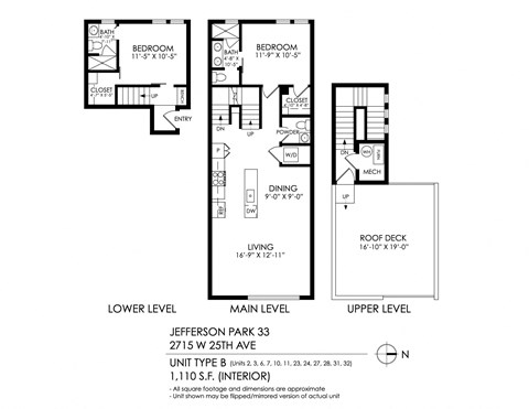 Floor plan for 2 beds, 2.5 baths, 1110 sqft